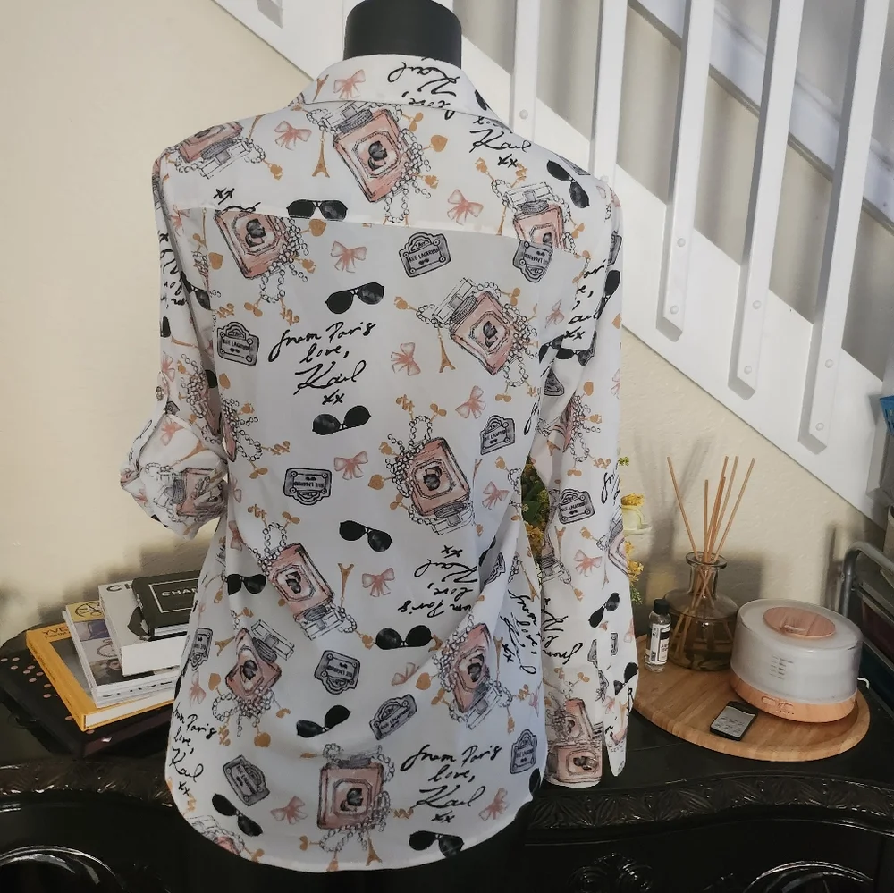 KARL LAGERFELD PARIS Whimsical Signature-Printed Blouse size M NWOT - Picture 6 of 8